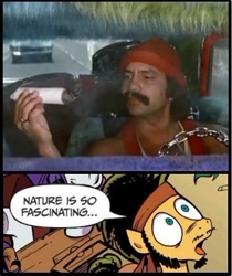 Size: 394x469 | Tagged: safe, idw, character:flax seed, cheech and chong, drugs, exploitable meme, flax seed looks at stuff, meme, nature is so fascinating, up in smoke