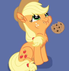 Size: 822x851 | Tagged: safe, artist:bri-sta, artist:glittering-pony, artist:longren, edit, character:applejack, chest fluff, colored, cookie, eating, filly, nom, simple background, sitting, solo