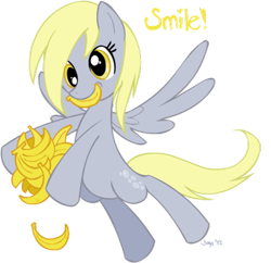 Size: 500x483 | Tagged: safe, artist:jiayi, character:derpy hooves, species:pegasus, species:pony, banana, female, mare, mouth hold, solo