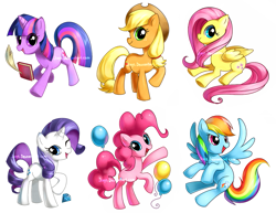 Size: 877x678 | Tagged: dead source, safe, artist:jiayi, character:applejack, character:fluttershy, character:pinkie pie, character:rainbow dash, character:rarity, character:twilight sparkle, character:twilight sparkle (unicorn), species:earth pony, species:pegasus, species:pony, species:unicorn, balloon, book, mane six, notebook, one eye closed, quill, simple background, watermark, white background, wink