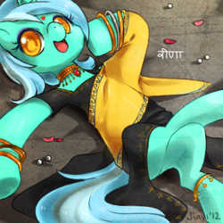 Size: 300x300 | Tagged: safe, artist:jiayi, character:lyra heartstrings, species:pony, species:unicorn, bracelet, choker, clothing, colored pupils, cute, indian, indic script, jewelry, lyrabetes, on back, sari, smiling, solo
