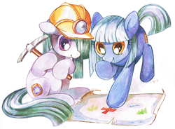 Size: 500x368 | Tagged: safe, artist:jiayi, character:limestone pie, character:marble pie, alternate cutie mark, blueprint, clothing, hard hat, hat, helmet, map, miner, mining helmet, pickaxe, simple background, traditional art, treasure hunting, white background