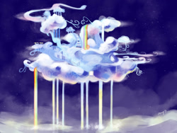 Size: 1024x768 | Tagged: safe, artist:amy30535, background, building, cloud, cloudsdale, cloudy, night, rainbow, rainbow waterfall, scenery