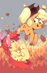 Size: 640x989 | Tagged: safe, artist:karzahnii, character:apple bloom, character:applejack, species:earth pony, species:pony, adorabloom, autumn, blank flank, cute, duo, eyes closed, female, filly, jackabetes, leaf, leaves, mare, open mouth, ribbon, sisters