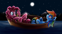 Size: 1500x821 | Tagged: safe, artist:xioade, character:pinkie pie, character:rainbow dash, boat, lute, moon, moonlight, night, night sky, sitar, stargazing, water