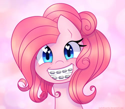Size: 2200x1931 | Tagged: safe, artist:joyfulinsanity, character:pinkie pie, species:pony, adorkable, alternate hairstyle, braces, cute, diapinkes, dork, female, heart eyes, looking at you, mare, smiling, solo, wingding eyes
