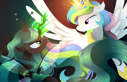 Size: 1920x1242 | Tagged: safe, artist:karzahnii, character:princess celestia, character:queen chrysalis, species:alicorn, species:changeling, species:pony, changeling queen, cute, cutealis, cutelestia, duality, duo, duo female, female, looking at each other, magic