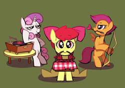 Size: 1280x900 | Tagged: safe, artist:karzahnii, character:apple bloom, character:scootaloo, character:sweetie belle, species:earth pony, species:pegasus, species:pony, species:unicorn, g4, arrow, bipedal, bow (weapon), bow and arrow, cutie mark crusaders, female, filly, looking at you, mouth hold, phonograph, picnic, puppy dog eyes, record, record player, simple background, sitting, trio