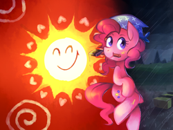 Size: 1400x1050 | Tagged: safe, artist:karzahnii, character:pinkie pie, species:earth pony, species:pony, episode:a friend in deed, g4, my little pony: friendship is magic, bandana, barn, bright, female, happy, mare, mouth hold, paint, paintbrush, painting, rain, smiling, solo, sun