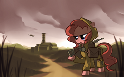Size: 1920x1200 | Tagged: safe, artist:karzahnii, character:pinkie pie, species:earth pony, species:pony, ak-47, bag, clothing, crossover, female, gun, helicopter, mare, s.t.a.l.k.e.r., solo, weapon