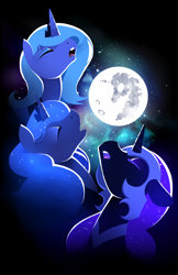 Size: 828x1280 | Tagged: safe, artist:karzahnii, character:nightmare moon, character:princess luna, species:alicorn, species:pony, g4, female, filly, howling, lunar trinity, mare, moon, night, parody, s1 luna, stars, three luna moon, three wolf moon, woona