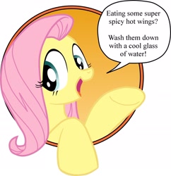 Size: 2000x2063 | Tagged: safe, edit, idw, character:fluttershy, species:pony, bad advice fluttershy, dialogue, exploitable meme, female, hot wings, mare, meme, open mouth, smiling, solo, text, water