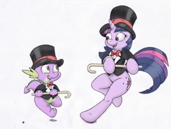 Size: 1213x917 | Tagged: safe, artist:joey darkmeat, artist:longren, edit, character:spike, character:twilight sparkle, species:pony, bipedal, cane, clothing, color edit, colored, dancing, hat, top hat, tuxedo