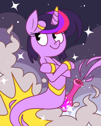 Size: 1024x1280 | Tagged: safe, artist:karzahnii, character:twilight sparkle, armband, ask genie twilight, bottle, crossed hooves, genie, geniefied, headband, horn ring, poof, solo, sparkles, waistband