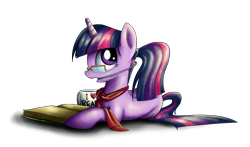 Size: 1100x648 | Tagged: safe, artist:xioade, character:twilight sparkle, species:pony, species:unicorn, adorkable, alternate hairstyle, book, braces, clothing, coffee mug, cute, dork, female, glasses, looking back, lying down, mare, mug, ponytail, retainer, scarf, simple background, solo, transparent background