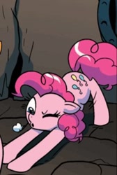Size: 428x636 | Tagged: safe, idw, character:pinkie pie, exploitable meme, iwtcird, out of context, solo, stretching, wink