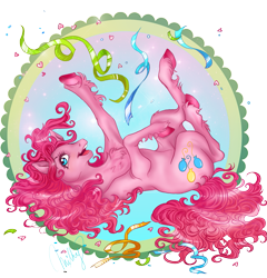 Size: 1571x1639 | Tagged: safe, artist:cigarscigarettes, part of a set, character:pinkie pie, species:earth pony, species:pony, chest fluff, female, mare, on back, simple background, solo, streamers, transparent background, unshorn fetlocks
