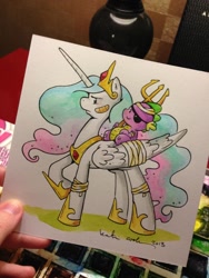 Size: 768x1024 | Tagged: safe, artist:katiecandraw, idw, character:princess celestia, character:spike, bandage, bandaid, eyepatch, injured, riding, traditional art, trident, weapon