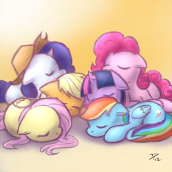 Size: 750x750 | Tagged: safe, artist:atticus83, character:applejack, character:fluttershy, character:pinkie pie, character:rainbow dash, character:rarity, character:twilight sparkle, accessory swap, cuddle puddle, eyes closed, filly, floppy ears, foal, mane six, prone, sleep pile, sleeping, younger