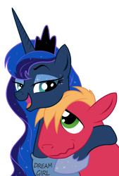 Size: 1296x1916 | Tagged: safe, artist:anarchemitis, idw, character:big mcintosh, character:princess luna, species:alicorn, species:earth pony, species:pony, ship:lunamac, dream girl, female, magic shirt, male, mare, shipping, simple background, stallion, straight, transparent background, vector, wavy mouth