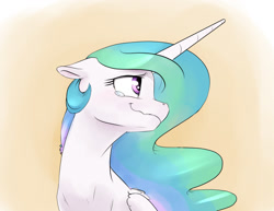 Size: 1280x990 | Tagged: safe, artist:silfoe, character:princess celestia, species:alicorn, species:pony, royal sketchbook, g4, bust, crying, cute, cutelestia, description is relevant, female, floppy ears, looking away, mare, momlestia, smiling, solo, tears of joy, wavy mouth