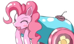Size: 500x300 | Tagged: safe, artist:ska825, character:pinkie pie, species:earth pony, species:pony, g4, blushing, cute, party cannon, pony cannonball, solo