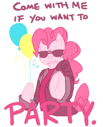 Size: 400x494 | Tagged: artist needed, safe, character:pinkie pie, species:earth pony, species:pony, g4, arnold schwarzenegger, balloon, clothing, dialogue, parody, party, simple background, solo, suit, sunglasses, terminator, transparent background