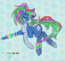 Size: 3508x3306 | Tagged: safe, artist:srk-arts, oc, oc only, oc:cobalt flux, species:earth pony, species:pony, g4, bandage, bandaid, bandaid on nose, blep, bracelet, dancing, ear piercing, earth pony oc, jewelry, looking at you, multicolored hair, one eye closed, piercing, tongue out, wink