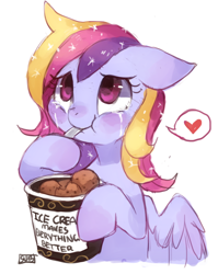 Size: 770x965 | Tagged: safe, artist:suikuzu, oc, oc only, species:pegasus, species:pony, comfort eating, crying, eating, food, heart, ice cream, looking up, pictogram, sad, solo, spoon