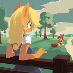 Size: 1024x1024 | Tagged: safe, artist:karzahnii, character:apple bloom, character:applejack, species:anthro, apple, basket, fence, sweet apple acres