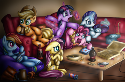 Size: 1100x722 | Tagged: safe, artist:xioade, character:applejack, character:fluttershy, character:pinkie pie, character:rainbow dash, character:rarity, character:twilight sparkle, controller, couch, eating, food, mane six, meat, messy, nachos, pepperoni, pepperoni pizza, pizza, soda, television, video game