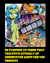 Size: 704x884 | Tagged: safe, idw, character:applejack, character:big mcintosh, character:princess celestia, character:rainbow dash, character:rarity, character:tealove, species:earth pony, species:pony, aston martin, aston martin db5, car, catching the bouquet, clothing, disguise, dress, ernst stavro blofeld, file, for your eyes only, honeymoon, james bond, las pegasus, male, marriage, movie reference, nancy sinatra, on her majesty's secret service, parody, secret, shark, skiing, snorkel, song reference, stallion, straight, sunglasses, teamac, thunderball, yellow words, you only live twice, zen and the art of gazebo repair