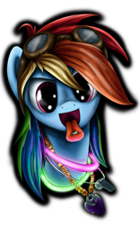 Size: 700x1120 | Tagged: dead source, safe, artist:xioade, character:rainbow dash, species:pony, drug use, drugs, ecstasy, glowstick, goggles, jewelry, mdma, necklace, portrait, rave, simple background, solo, transparent background, whistle