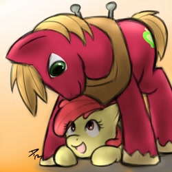 Size: 750x750 | Tagged: safe, artist:atticus83, character:apple bloom, character:big mcintosh, species:earth pony, species:pony, adorabloom, brother and sister, cute, duo, female, macabetes, male, open mouth, siblings, stallion