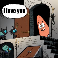 Size: 749x741 | Tagged: safe, idw, species:changeling, chocolate with nuts, exploitable meme, i love you, knock knock meme, love, patrick star, spongebob squarepants