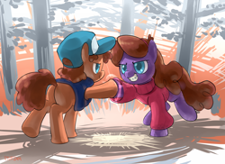 Size: 1218x888 | Tagged: safe, artist:stupjam, idw, brother and sister, dipper pines, female, gravity falls, hoofbump, mabel pines, male, maybelle, ponified, siblings