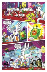 Size: 716x1100 | Tagged: safe, idw, official comic, character:princess celestia, species:alicorn, species:pony, species:unicorn, blast, chibi-usa, comic, dialogue, female, food fight, giddilee, harry potter, harry trotter, hermione granger, idw advertisement, magic, magic beam, magic blast, mare, micro-series, preview, professor inkwell, ron weasley, sailor saturn, speech bubble, tomoe hotaru