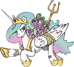 Size: 2858x2600 | Tagged: safe, idw, character:princess celestia, character:spike, species:dragon, species:pony, bandage, dragons riding ponies, duo, epic spike, ethereal mane, eyepatch, female, male, mare, riding, simple background, transparent background, trident, vector