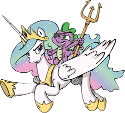 Size: 2858x2600 | Tagged: safe, idw, character:princess celestia, character:spike, species:dragon, species:pony, dragons riding ponies, duo, epic spike, ethereal mane, eyepatch, female, male, mare, riding, simple background, spear, transparent background, trident, vector, weapon