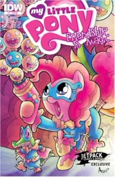 Size: 300x461 | Tagged: safe, idw, character:gummy, character:pinkie pie, clothing, comic cover, costume, superhero