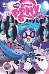 Size: 421x640 | Tagged: safe, artist:agnesgarbowska, idw, character:dj pon-3, character:vinyl scratch, species:pony, bipedal, clothing, comic cover, costume, cover, logo, music notes, record, superhero