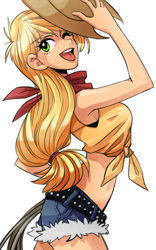 Size: 500x800 | Tagged: safe, artist:kairean, character:applejack, species:human, bandana, clothing, daisy dukes, female, freckles, front knot midriff, hat, humanized, midriff, one eye closed, rope, simple background, solo, white background
