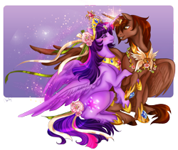 Size: 1740x1466 | Tagged: safe, artist:cigarscigarettes, character:twilight sparkle, character:twilight sparkle (alicorn), oc, oc:courageous heart, self insert, species:alicorn, species:pony, alicorn oc, big crown thingy, blushing, canon x oc, donut steel, element of magic, eye contact, female, flower, grin, holding hooves, horns are touching, hug, jewelry, magic, male, raised hoof, ribbon, shipping, sitting, smiling, spread wings, straight, tail wrap, tiara, twileous, winghug, wings