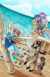 Size: 787x1195 | Tagged: safe, artist:brendahickey, idw, character:applejack, character:fluttershy, character:pinkie pie, character:rainbow dash, character:rarity, character:twilight sparkle, amputee, bound together, braid, braided tail, captain hoofbeard, cover, eyepatch, jewelry, mane six, mouth hold, peg leg, pirate, pirate ship, prosthetic leg, prosthetic limb, prosthetics, sword, tied up, walking the plank