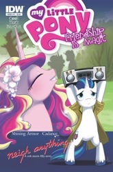 Size: 1265x1920 | Tagged: safe, idw, character:princess cadance, character:shining armor, species:alicorn, species:pony, species:unicorn, 80s, bipedal, boombox, boombox serenade, comic, cover, female, flower, flower in hair, male, mare, movie reference, neigh anything, parody, say anything, serenade, stallion