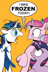 Size: 365x549 | Tagged: safe, edit, idw, character:princess cadance, character:shining armor, character:twilight sparkle, species:alicorn, species:pony, species:unicorn, dishevelled, exploitable meme, female, filly, filly twilight sparkle, i was frozen today, meme, nostalgia critic, screaming armor, suburban commando, teen princess cadance, younger