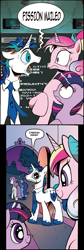 Size: 372x1104 | Tagged: safe, edit, idw, character:night light, character:princess cadance, character:shining armor, character:twilight sparkle, character:twilight velvet, species:alicorn, species:pony, species:unicorn, comic, dialogue, dilated pupils, door, exploitable meme, female, filly, filly twilight sparkle, floppy ears, male, meme, metal gear, metal gear solid, raised hoof, raised leg, screaming armor, smiling, teen princess cadance, underhoof, walking, younger