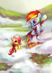 Size: 700x990 | Tagged: safe, artist:amy30535, character:fluttershy, character:rainbow dash, cloud, female, filly, filly fluttershy, filly rainbow dash, flying, vertigo, younger