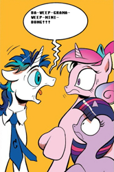 Size: 365x549 | Tagged: safe, idw, character:princess cadance, character:twilight sparkle, dishevelled, exploitable meme, meme, screaming armor, transformers, universal greeting