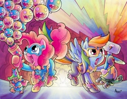Size: 1280x991 | Tagged: safe, artist:agnesgarbowska, idw, character:gummy, character:pinkie pie, character:rainbow dash, character:tank, balloon, clothing, comic, costume, cover, hammer, superhero, traditional art
